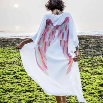 Warriors of the Divine - Short-Long Angel Wing Kaftan Viscose, White Rainbow Wings