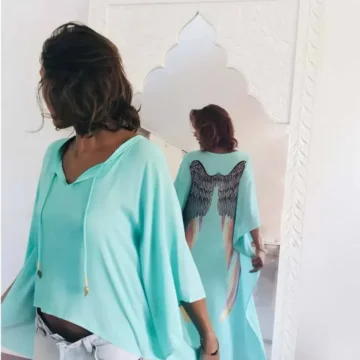 Warriors of the Divine - Short-Long Angel Wing Kaftan Viscose, Aqua with Silver Wings