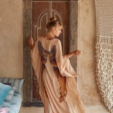 Warriors of the Divine - Short-Long Angel Wing Kaftan Viscose, Fawn with Caramel Wings